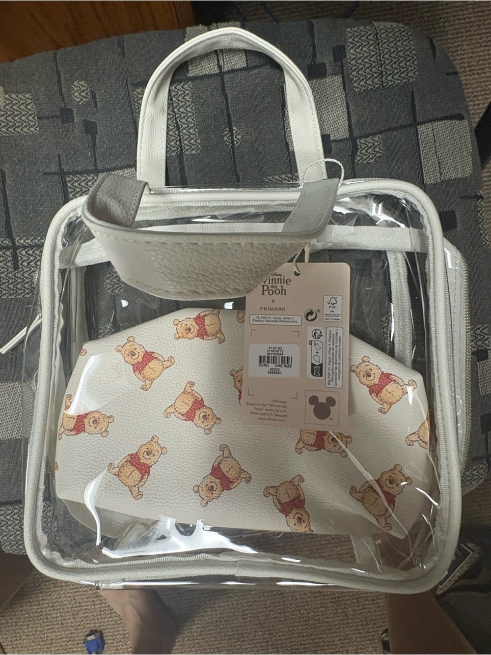 Primark Clear Tote Bag with White Trim and Beige Winnie the Pooh Pouch